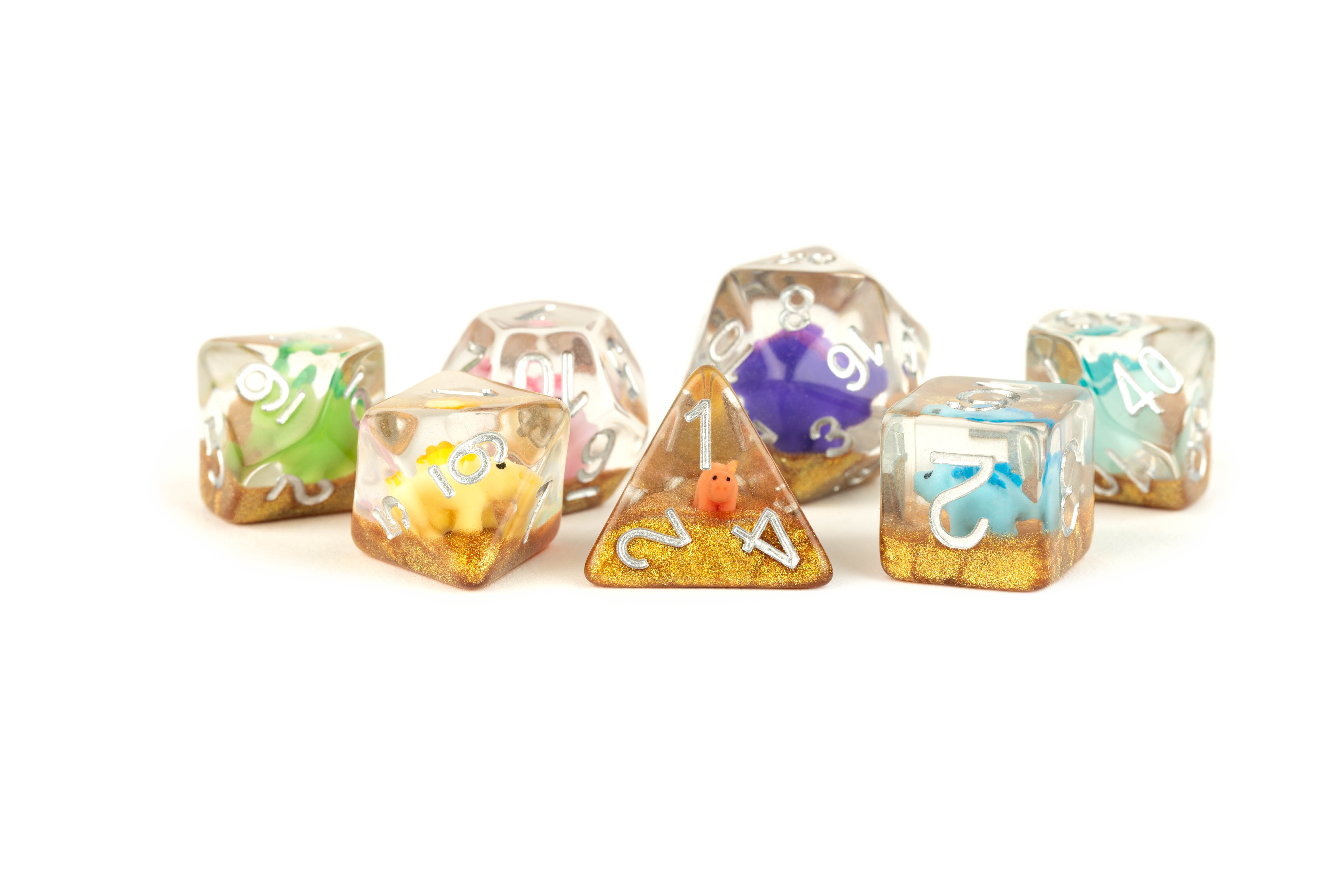 Metallic Dice Games Rainbow Dinosaur 16mm Resin Poly Dice Set | Grognard Games