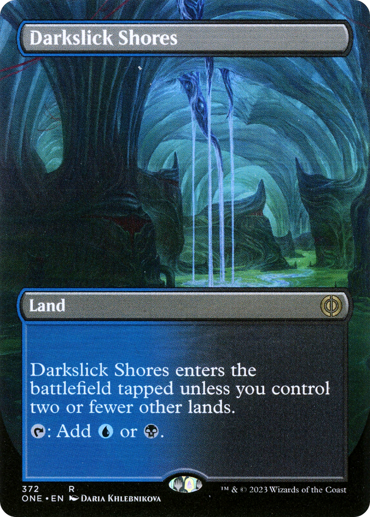 Darkslick Shores (Borderless Alternate Art) [Phyrexia: All Will Be One] | Grognard Games