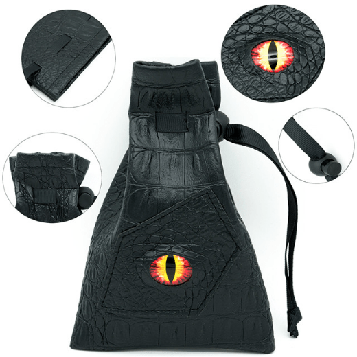 BLACK LEATHERETTE FIRE DEMON EYE DICE BAG | Grognard Games