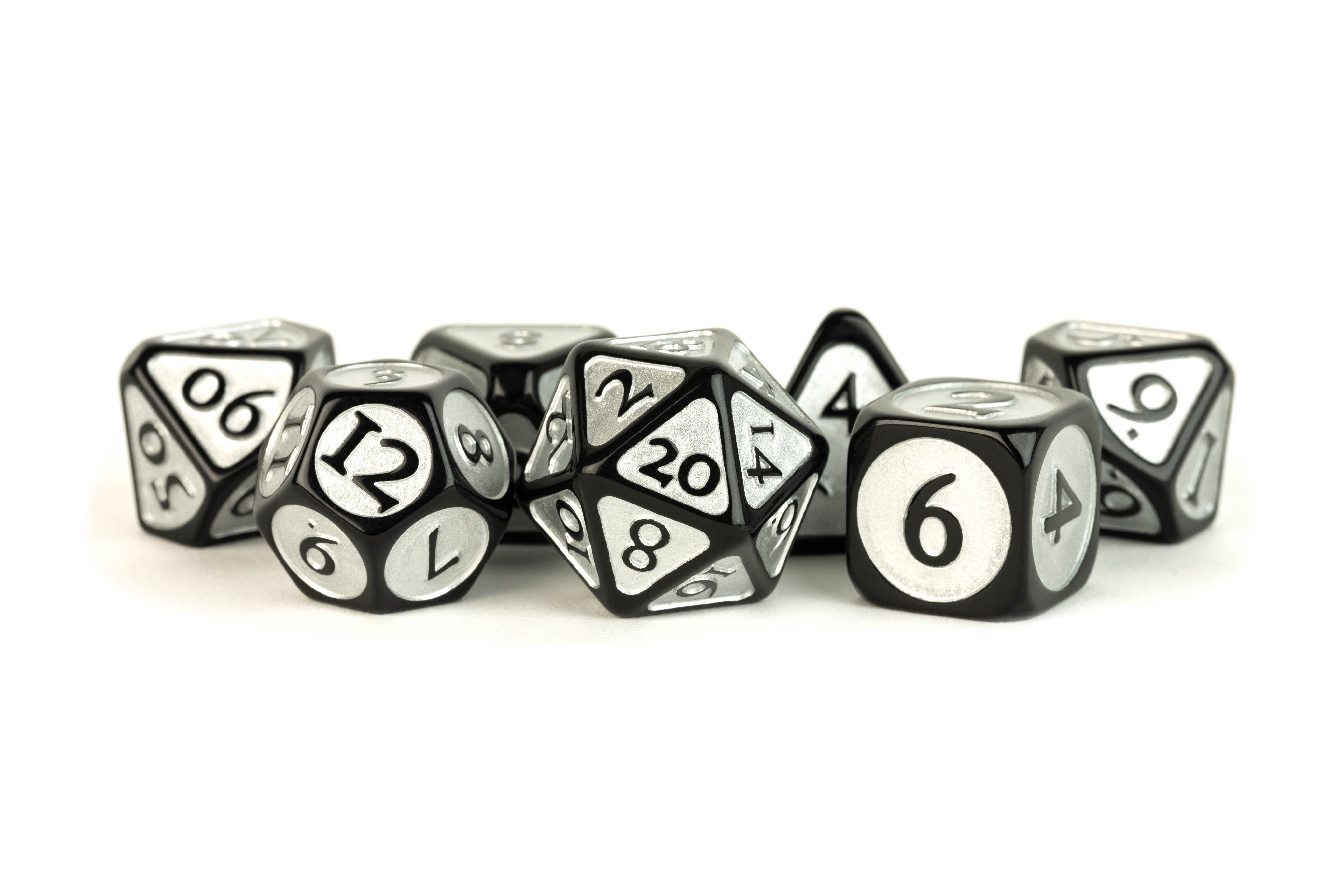 Metallic Dice Games Black with Silver Enamel Acrylic 16mm Poly Dice Set | Grognard Games