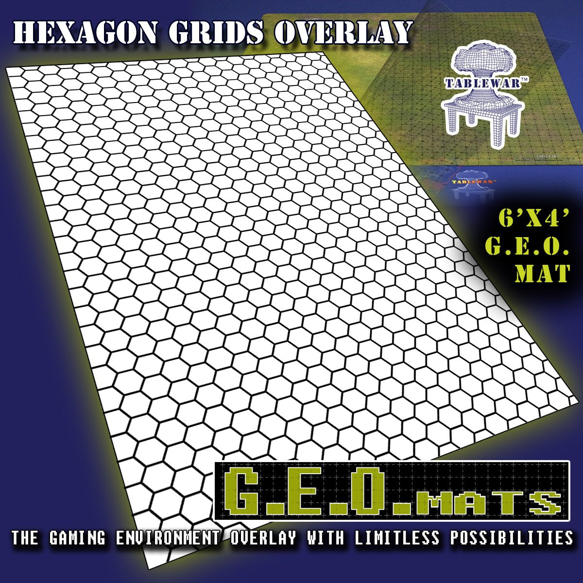 GEO Mats  1" Hex grid in Black 6' x 4' | Grognard Games
