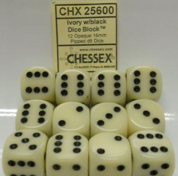 CHX25600 Opaque Ivory/Black 12 D6 Set | Grognard Games