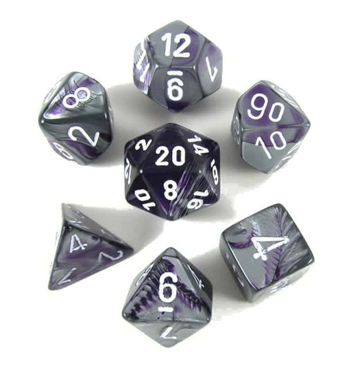 CHX26432 Gemini Purple-Steel/white 7 die set | Grognard Games