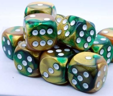 CHX26625 Gemini Gold-Green/White 12 D6 Set | Grognard Games