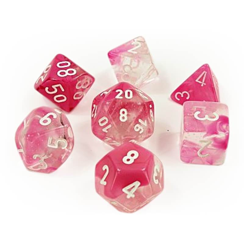 CHX30042 Gemini Clear-Pink / White 7-Die set | Grognard Games
