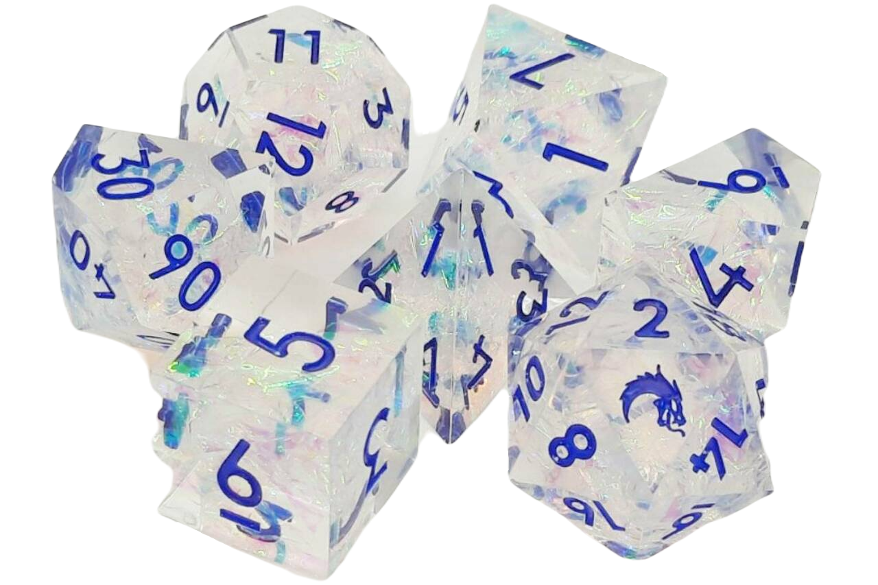 Old School 7 Piece DnD RPG Dice Set: Sharp Edged - Crystal Ice | Grognard Games