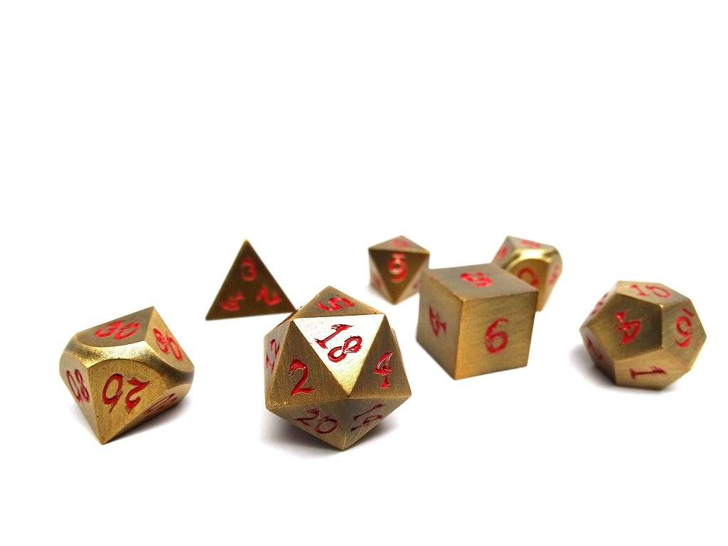 Metal Dice of Ancient Dragons- Ancient Gold- Red Font | Grognard Games