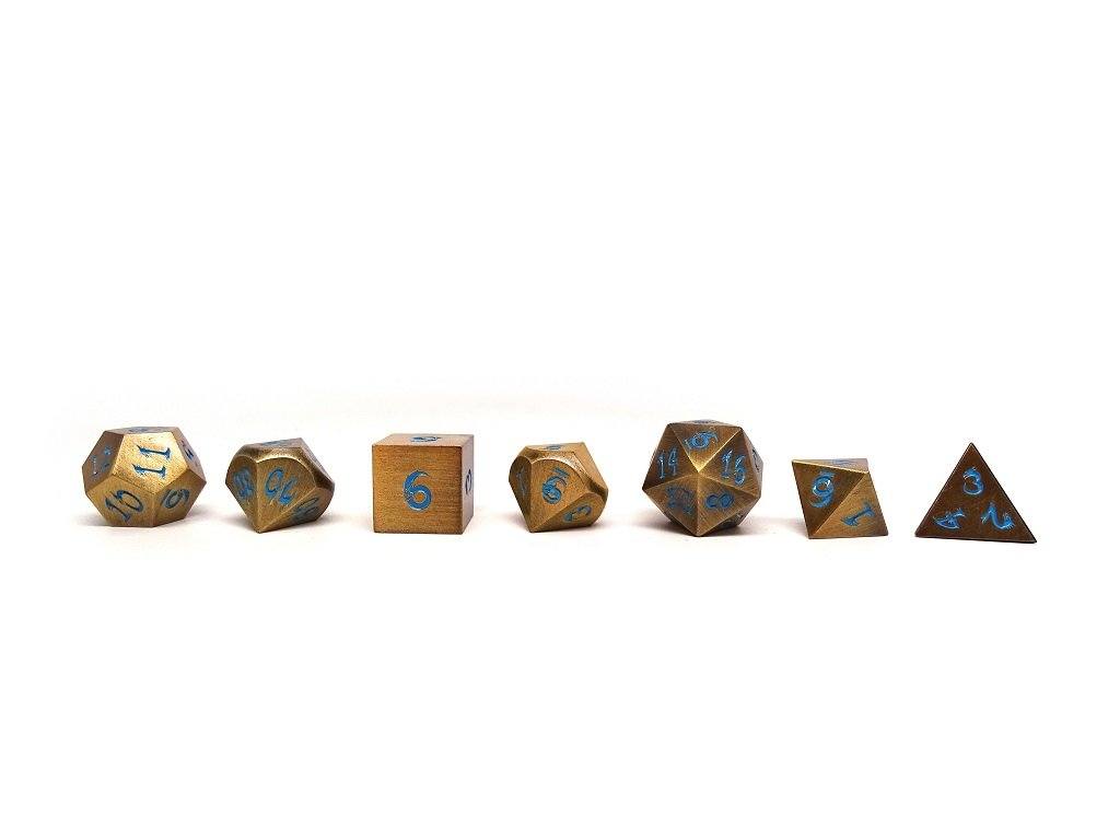 Easy Roller Metal Dice of Ancient Dragons- Ancient Gold- Powder Blue Font | Grognard Games