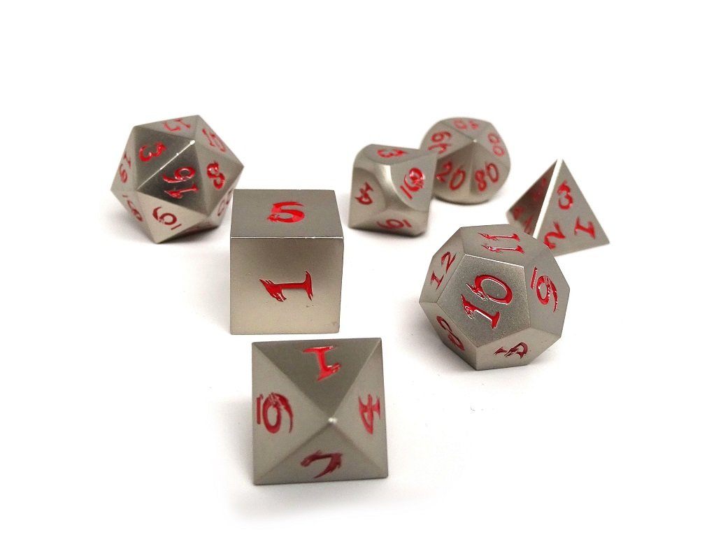 Metal Dice of Ancient Dragons- Ancient Silver- red Font | Grognard Games