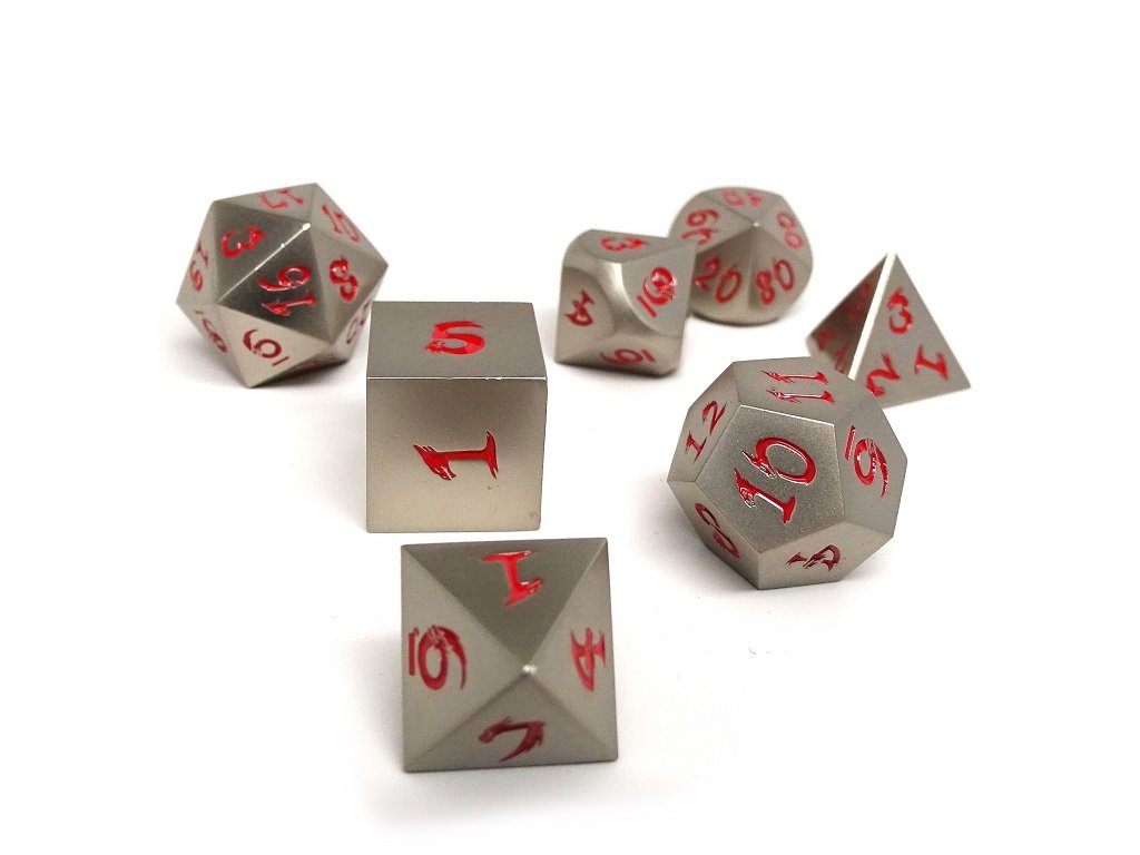 Easy Roller Metal Dice of Ancient Dragons- Ancient Silver- red Font | Grognard Games