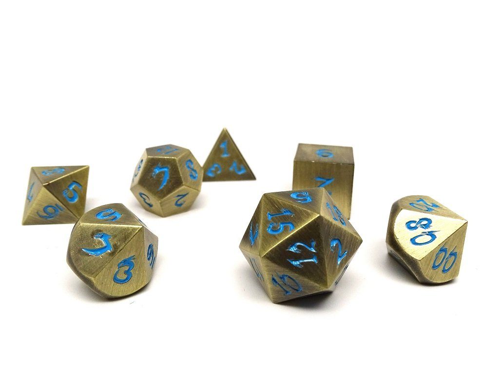 Easy Roller Metal Dice of Ancient Dragons- Ancient Bronze- Powder Blue Font | Grognard Games