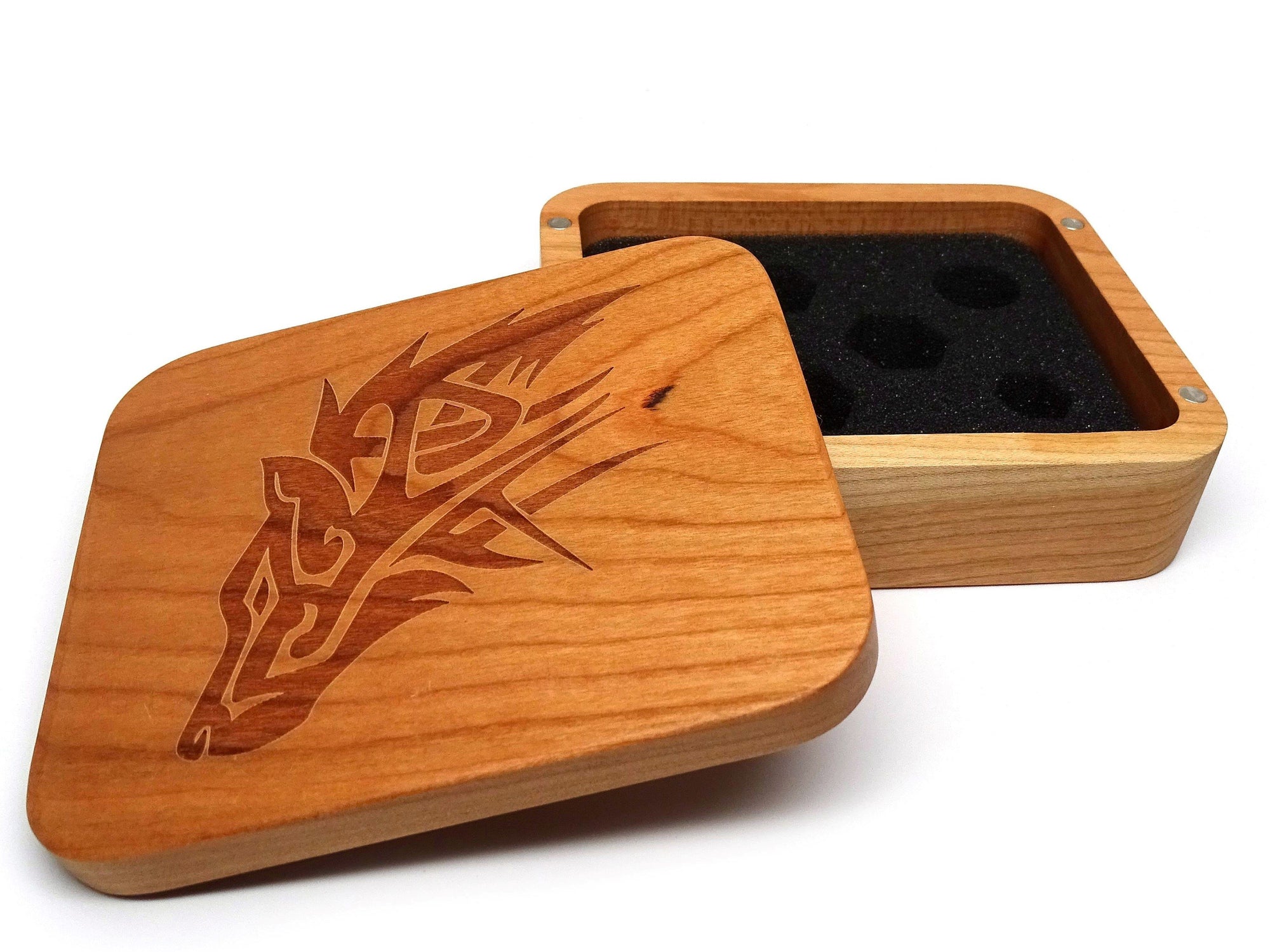 Cherry Wood Dice Case - Wolf Design | Grognard Games