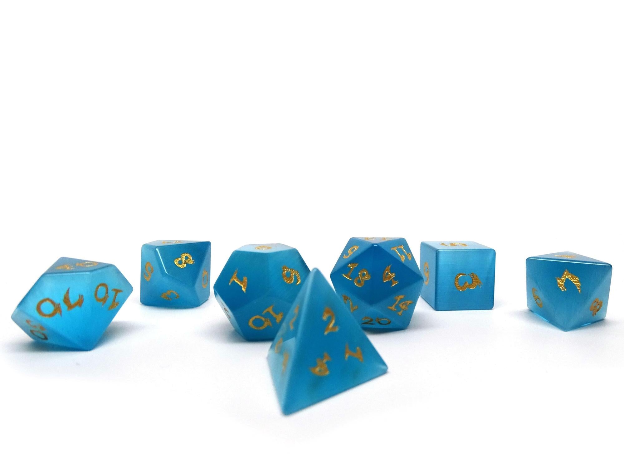 Blue Cat's Eye Dice Set With Dragon Font | Grognard Games