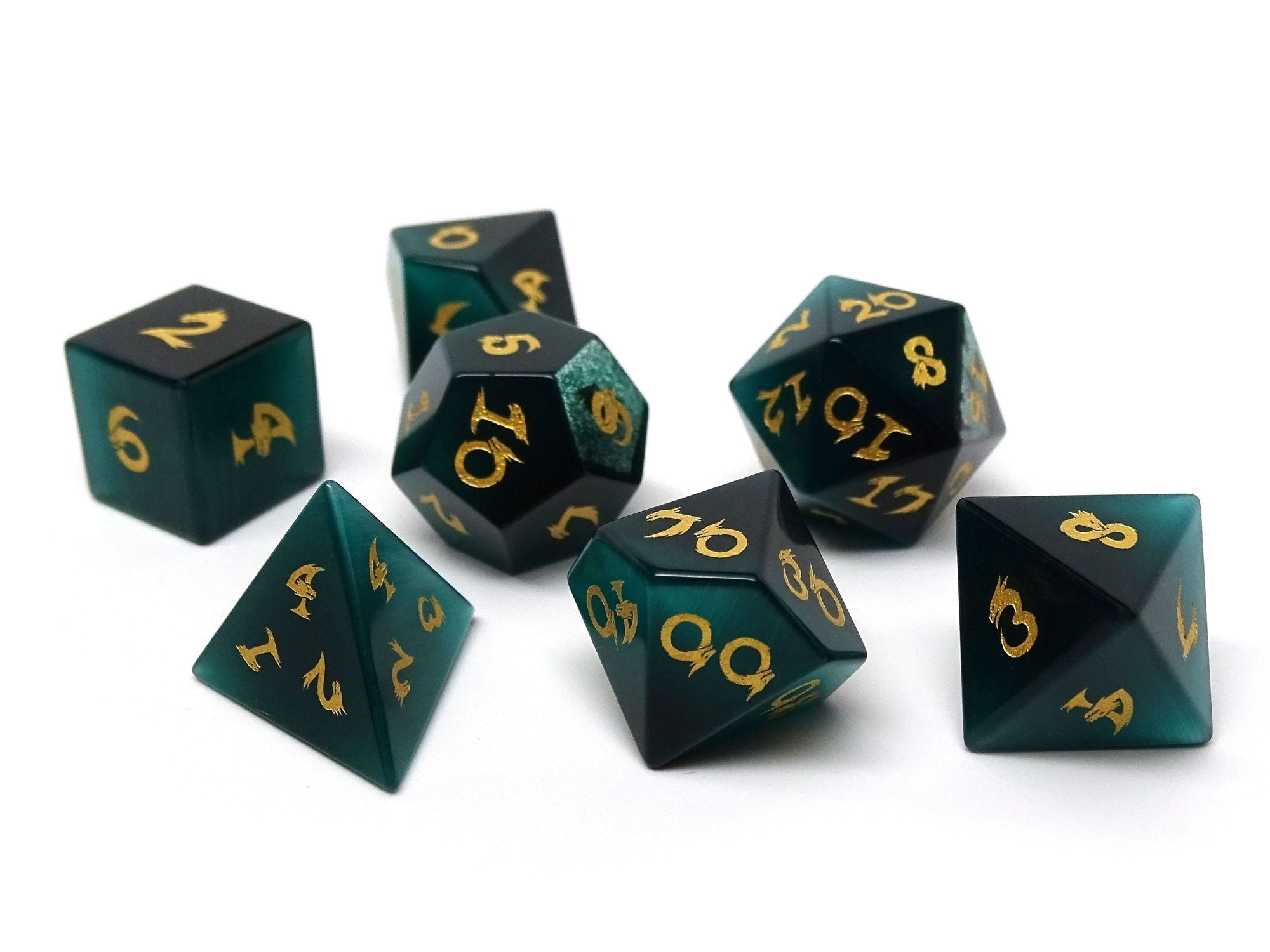 Green Cat's Eye Dice Set With Dragon Font | Grognard Games