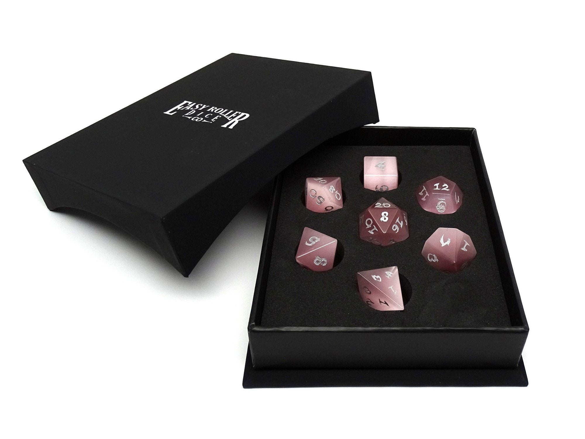 Pink Cat's Eye Dice Set With Dragon Font | Grognard Games