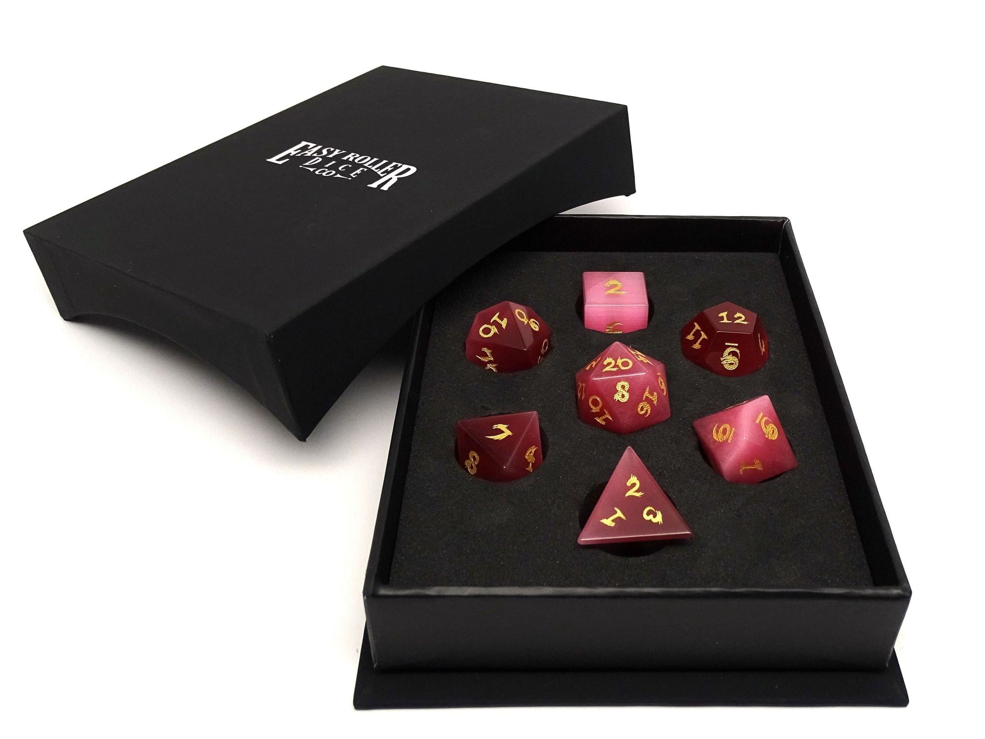 Rose Cat's Eye Dice Set With Dragon Font | Grognard Games