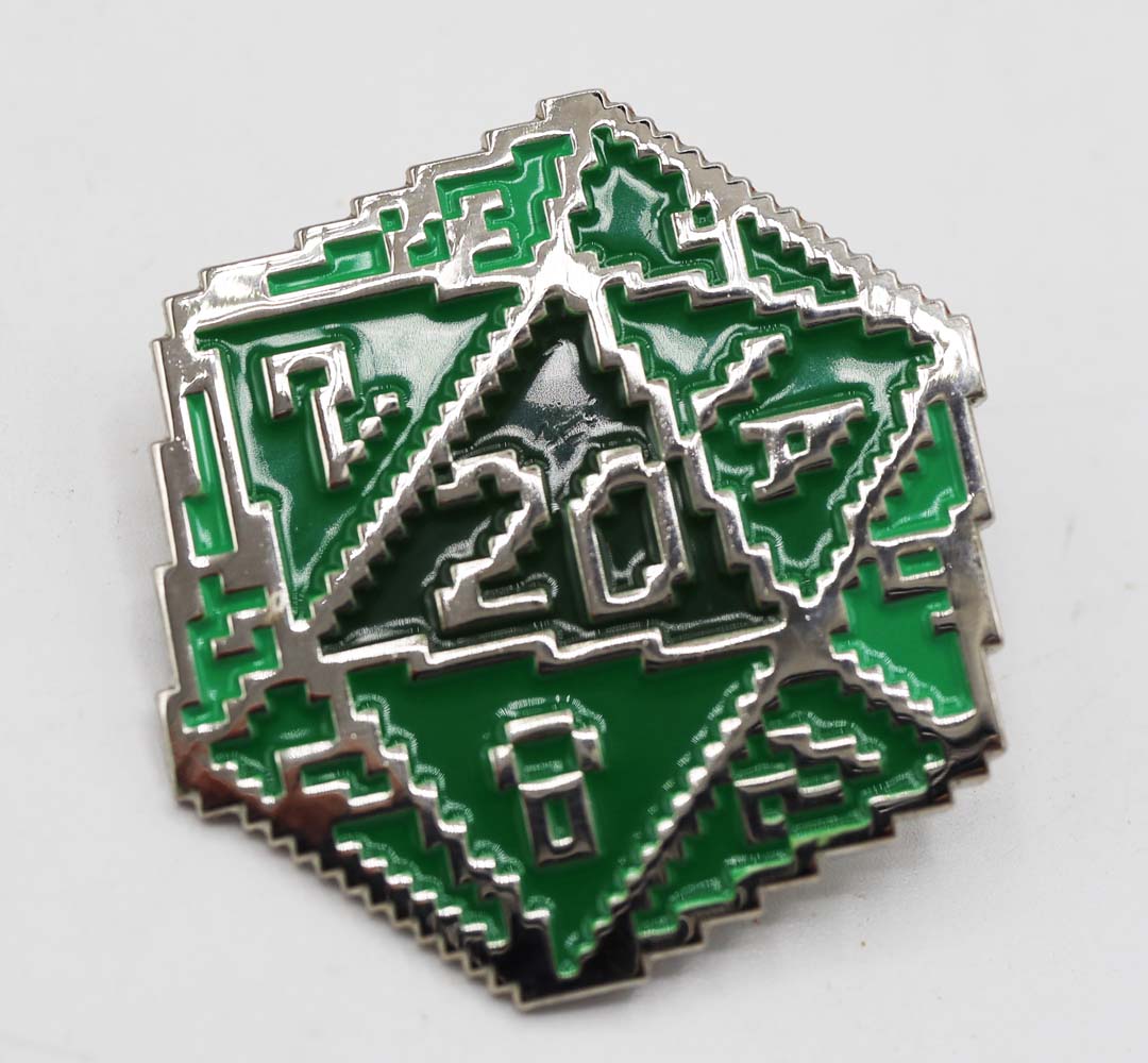 GREEN 8 BIT D20 ENAMEL PIN | Grognard Games