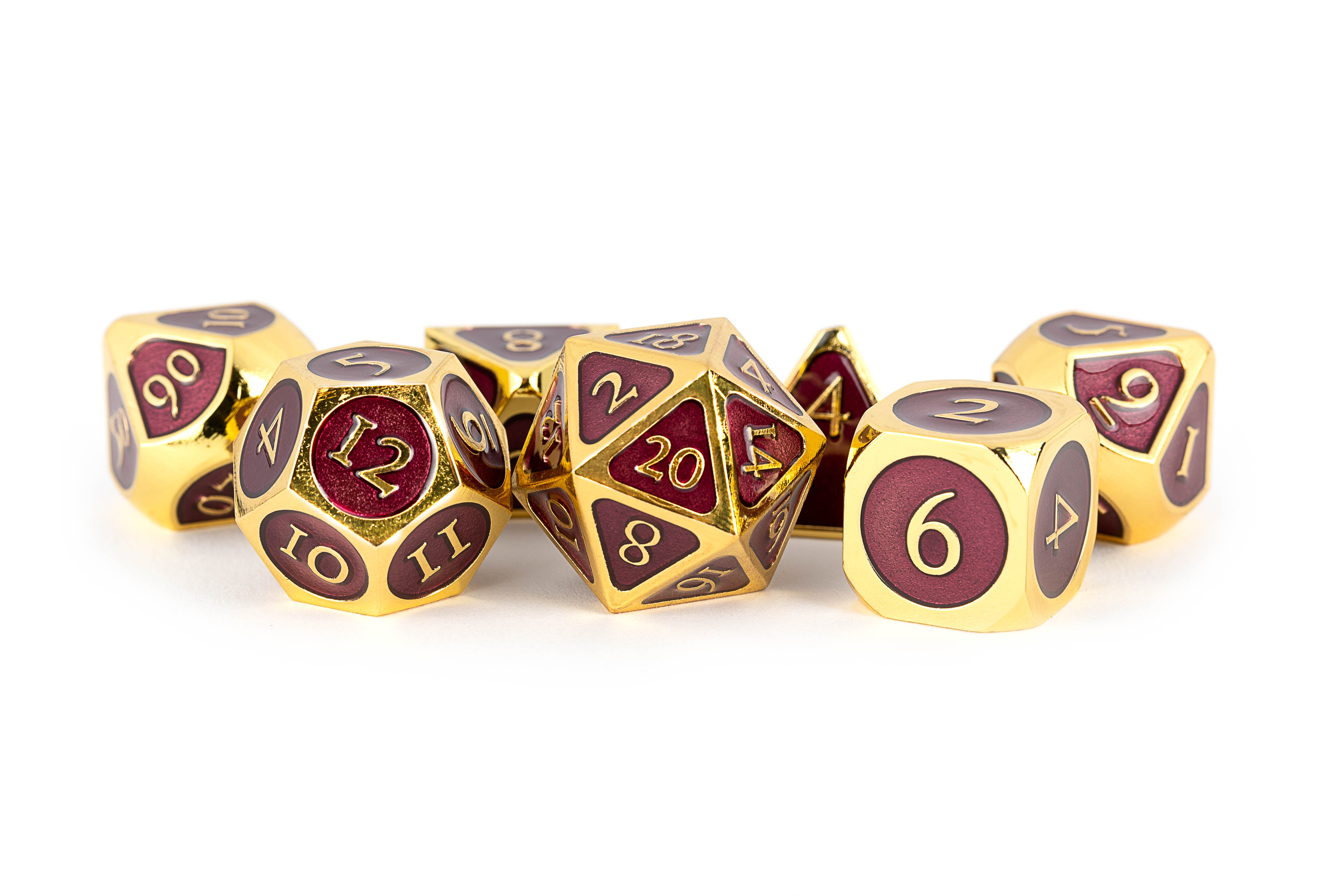 Gold with Purple Enamel 16mm Polyhedral Dice Set | Grognard Games