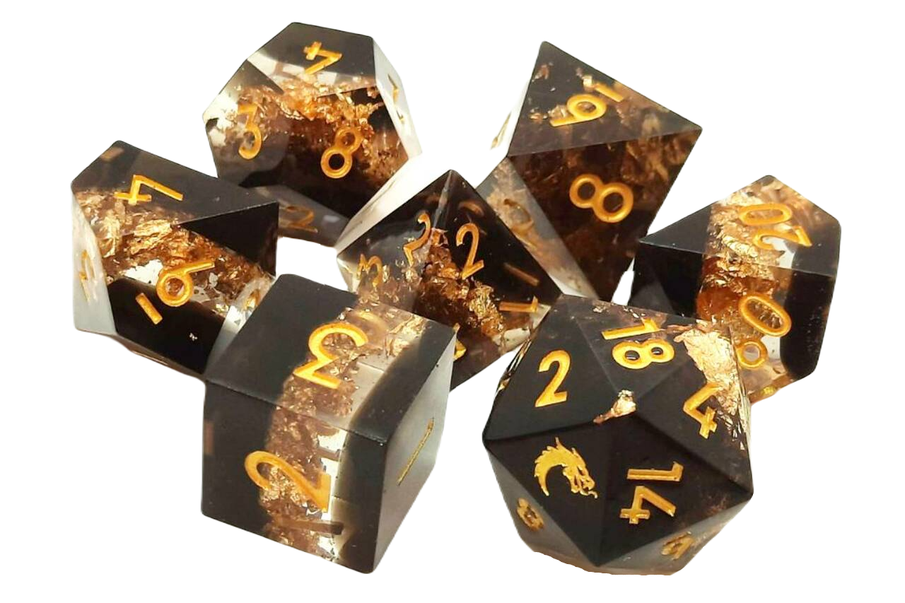 Old School 7 Piece DnD RPG Dice Set: Sharp Edged - Gold Vein | Grognard Games