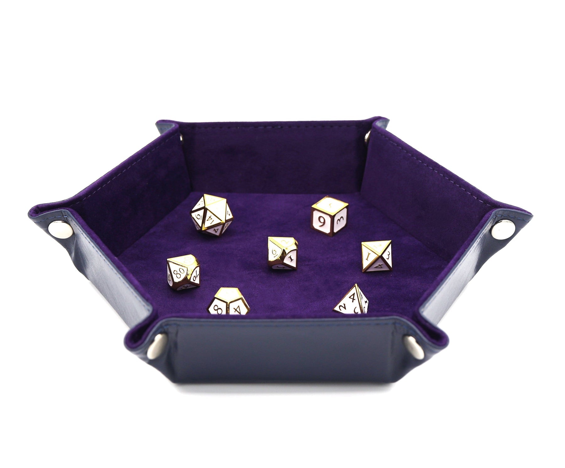 LEATHERETTE & VELVET DICE TRAY (NAVY W/ PURPLE HEX) | Grognard Games