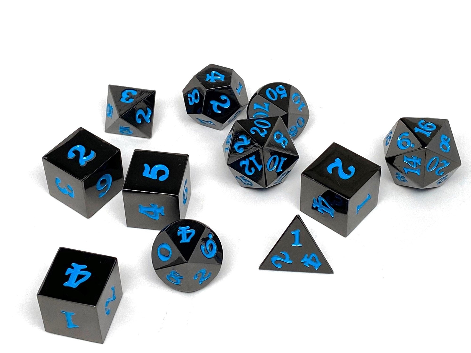 Gun Metal 7 Piece Dice Set- Signature Font-Powder Blue | Grognard Games