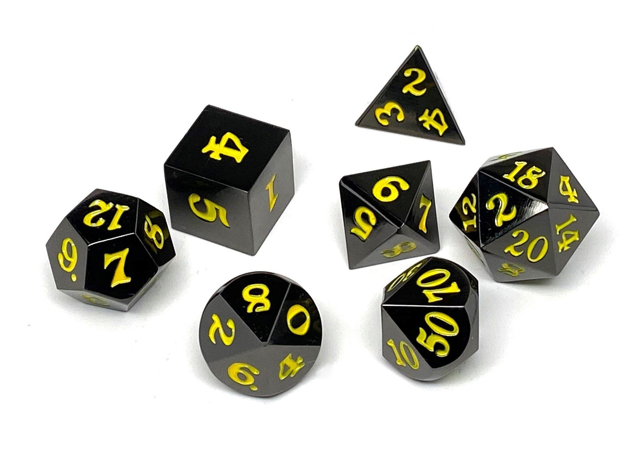 Easy Roller Gun Metal 7 Piece Dice Set- Signature Font-Yellow | Grognard Games