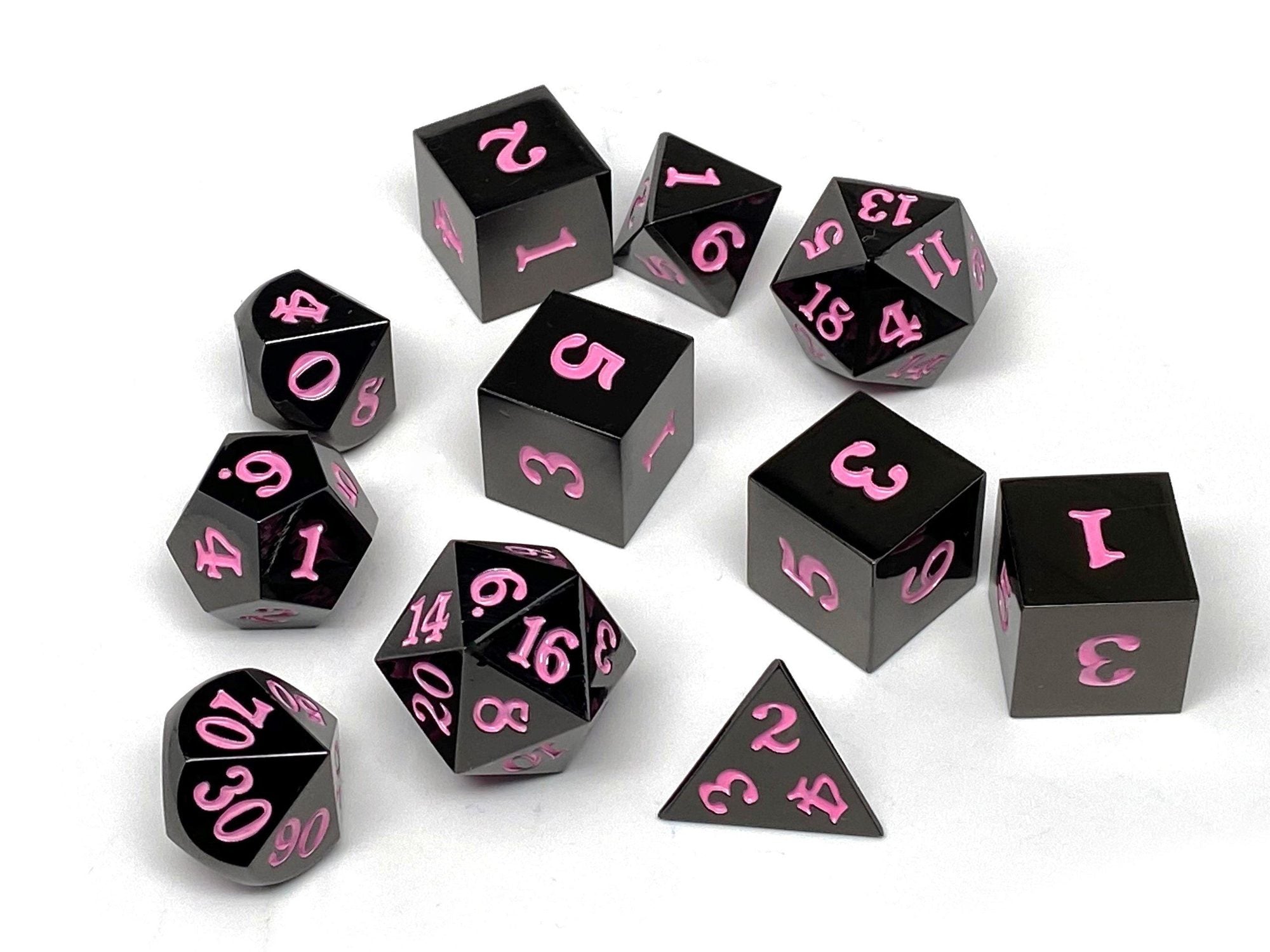 Easy Roller Gun Metal 11 Piece Dice Set- Signature Font-Pink | Grognard Games