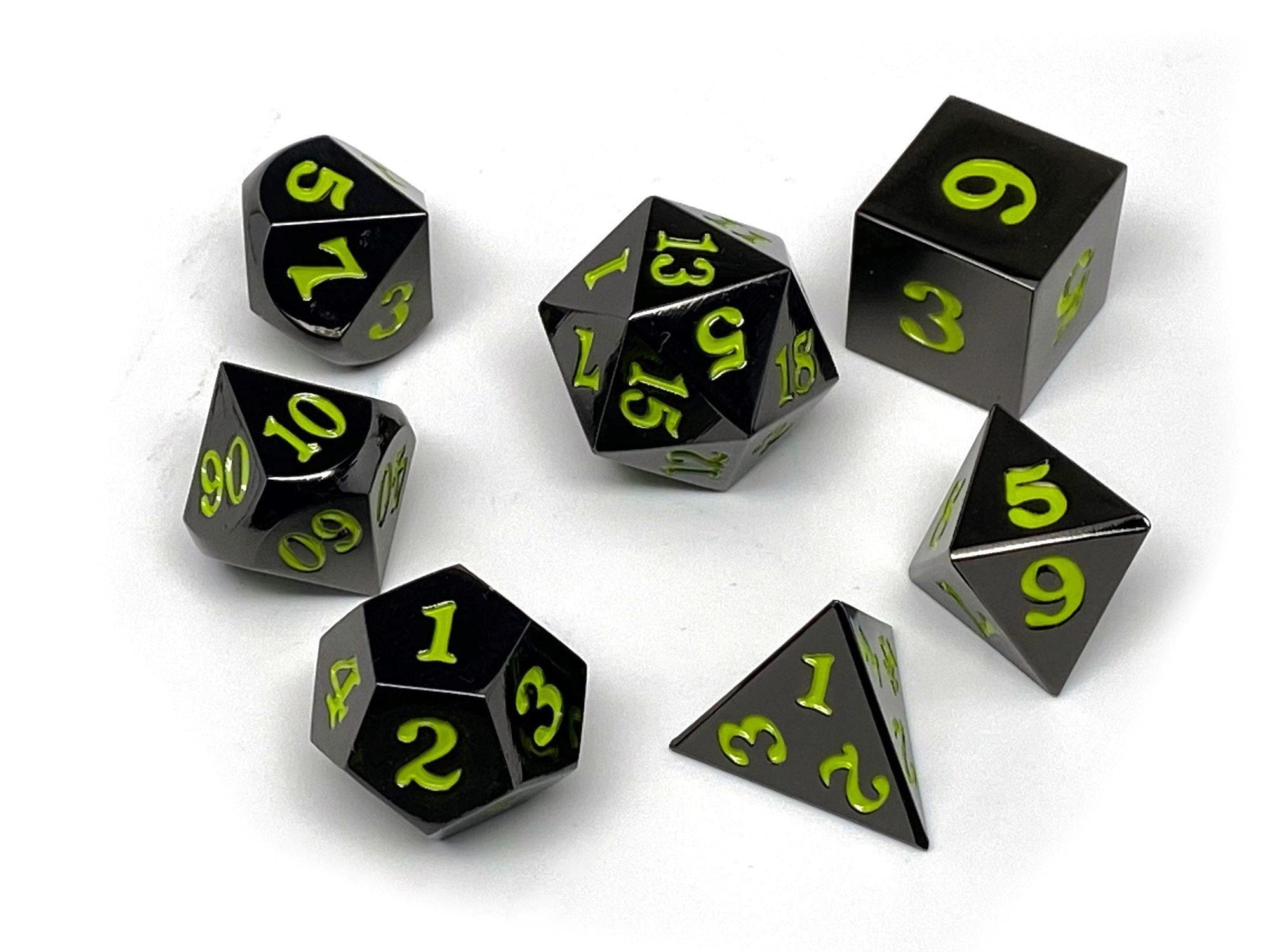 Easy Roller Gun Metal 7 Piece Dice Set- Signature Font-Lime | Grognard Games