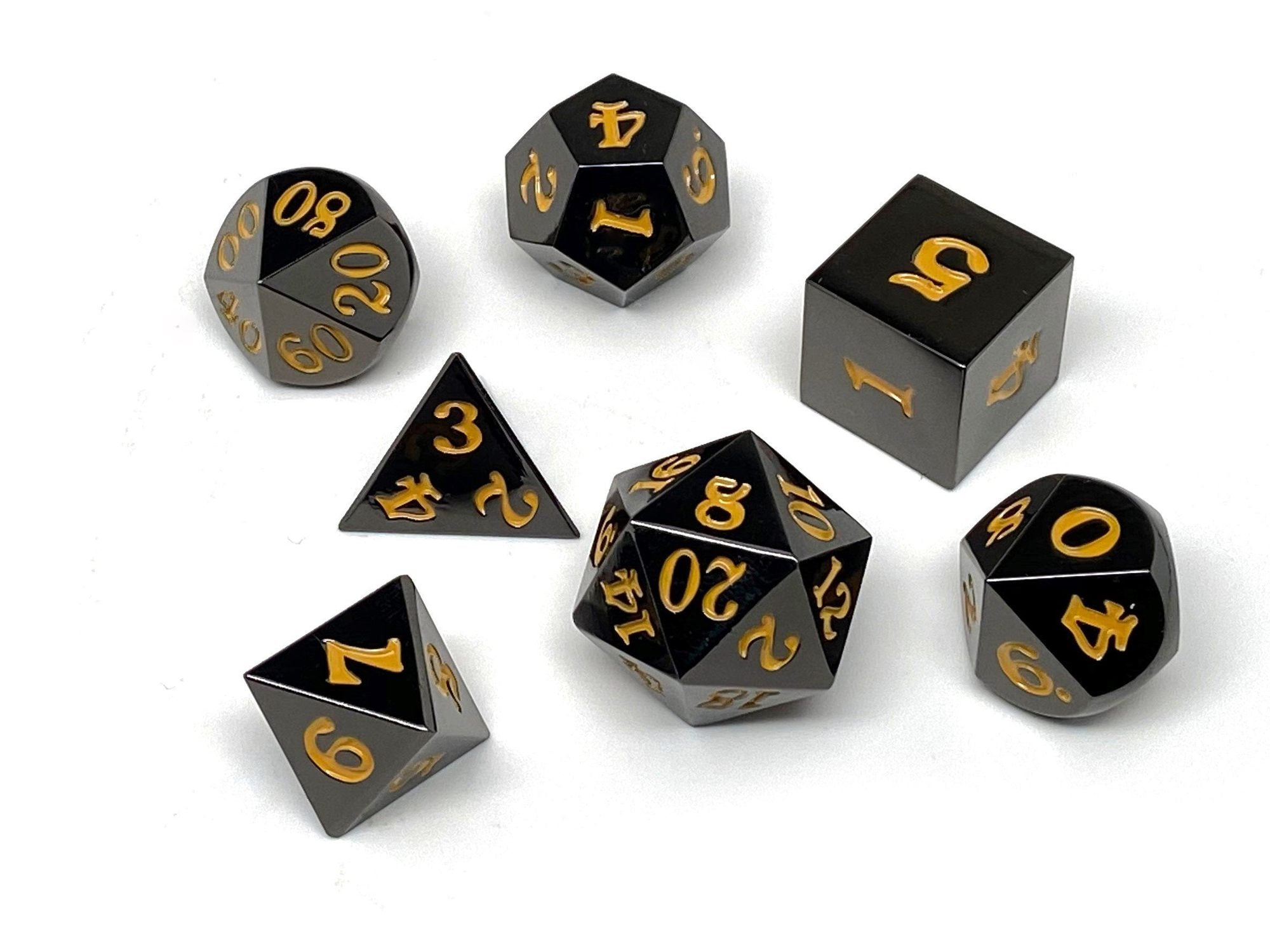 Gun Metal 7 Piece Dice Set- Signature Font-Gold | Grognard Games