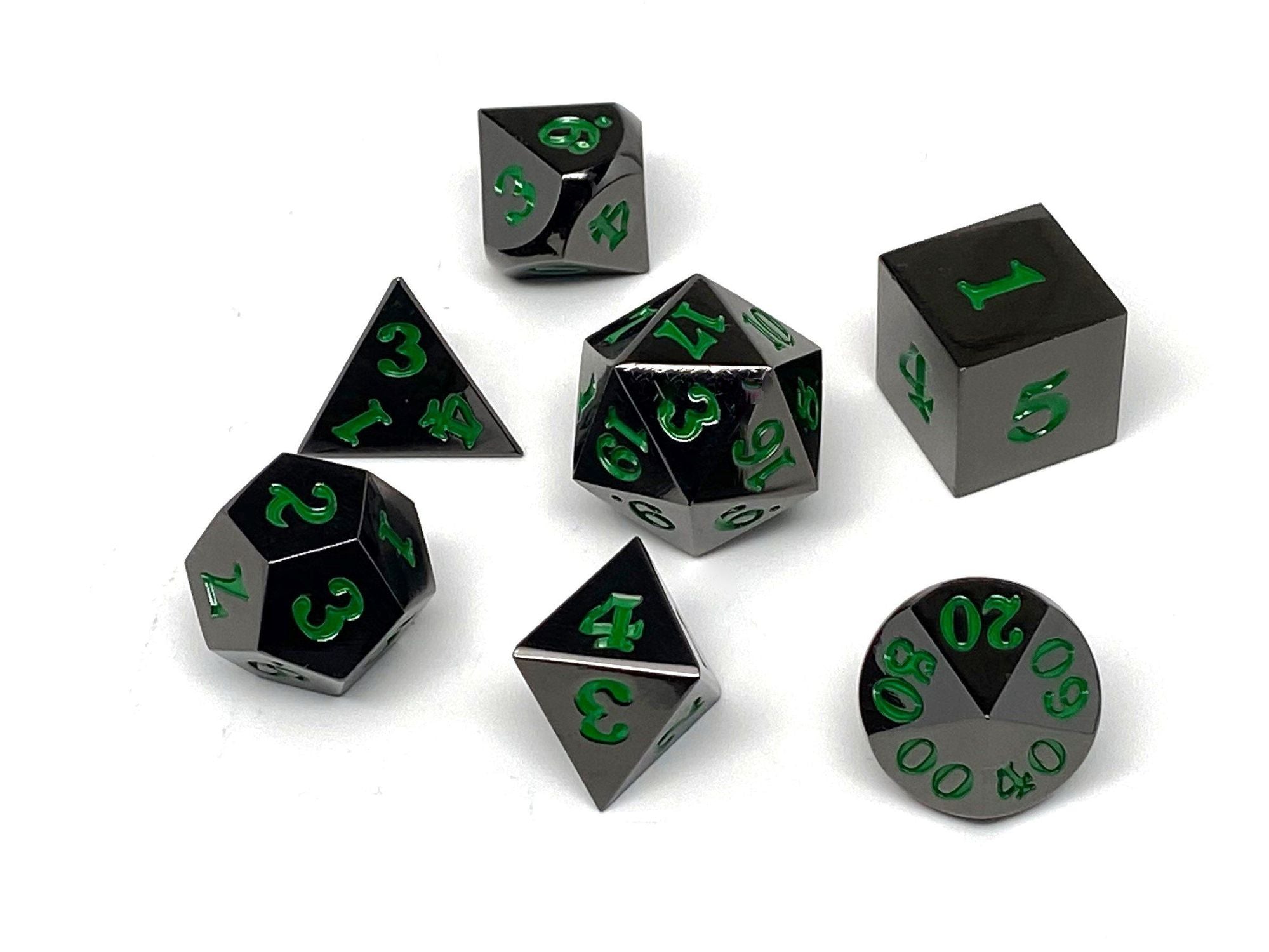 Gun Metal 7 Piece Dice Set- Signature Font-Green | Grognard Games