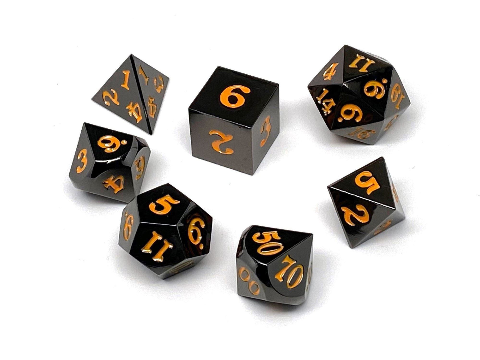 Gun Metal 7 Piece Dice Set- Signature Font-Orange | Grognard Games