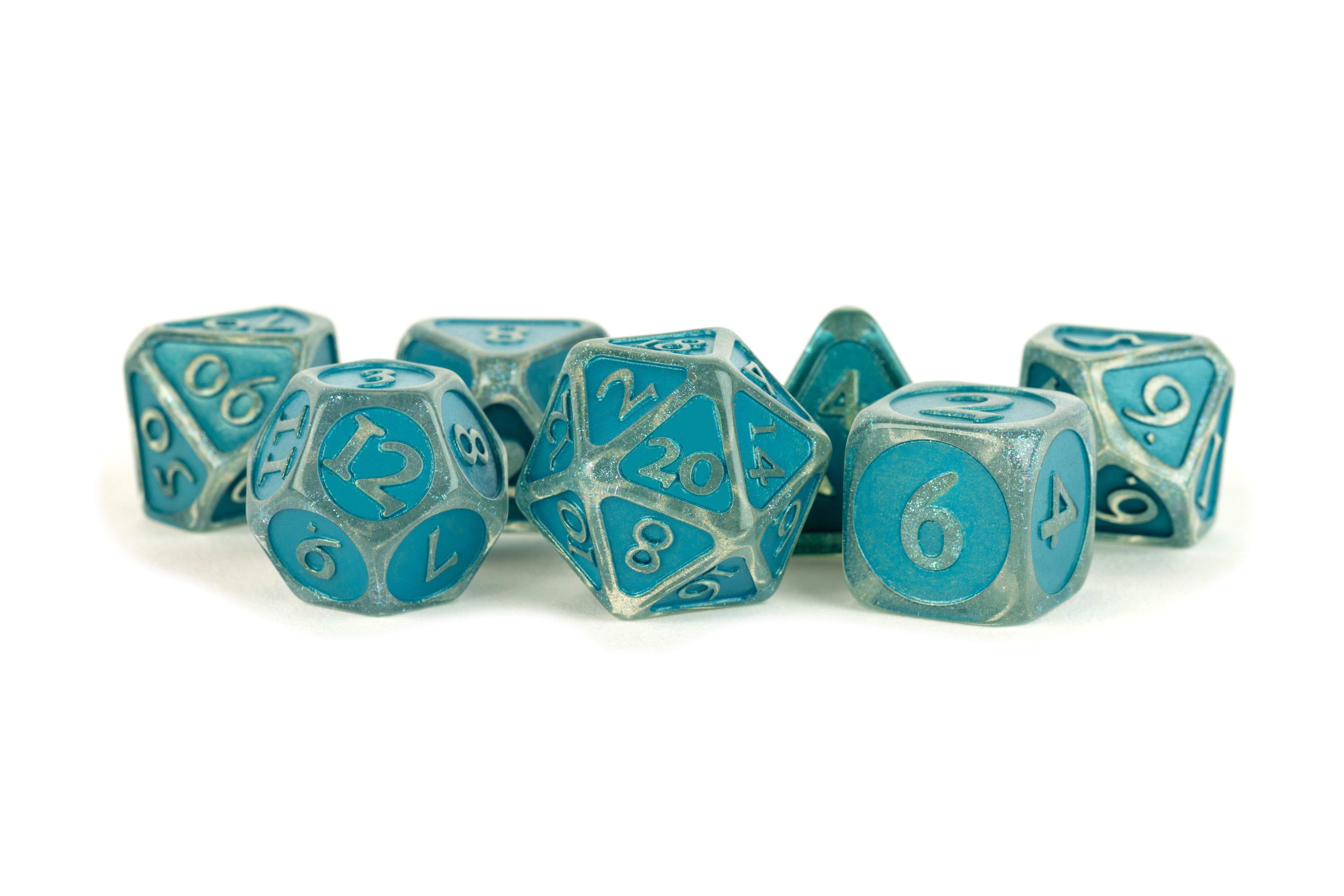 Metallic Dice Games Ice with Blue Enamel Acrylic 16mm Poly Dice Set | Grognard Games