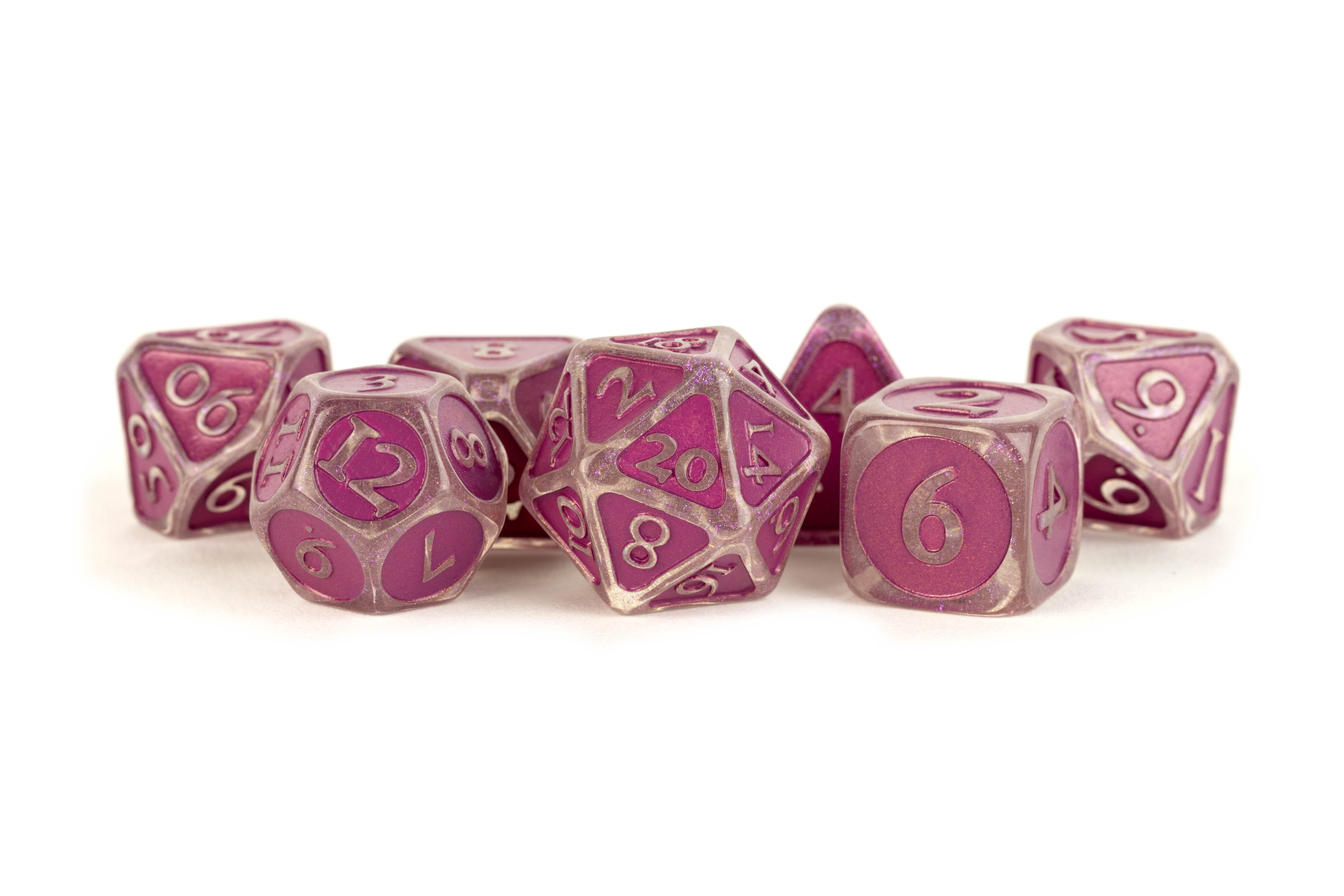 Metallic Dice Games Ice with Purple Enamel Acrylic 16mm Poly Dice Set | Grognard Games