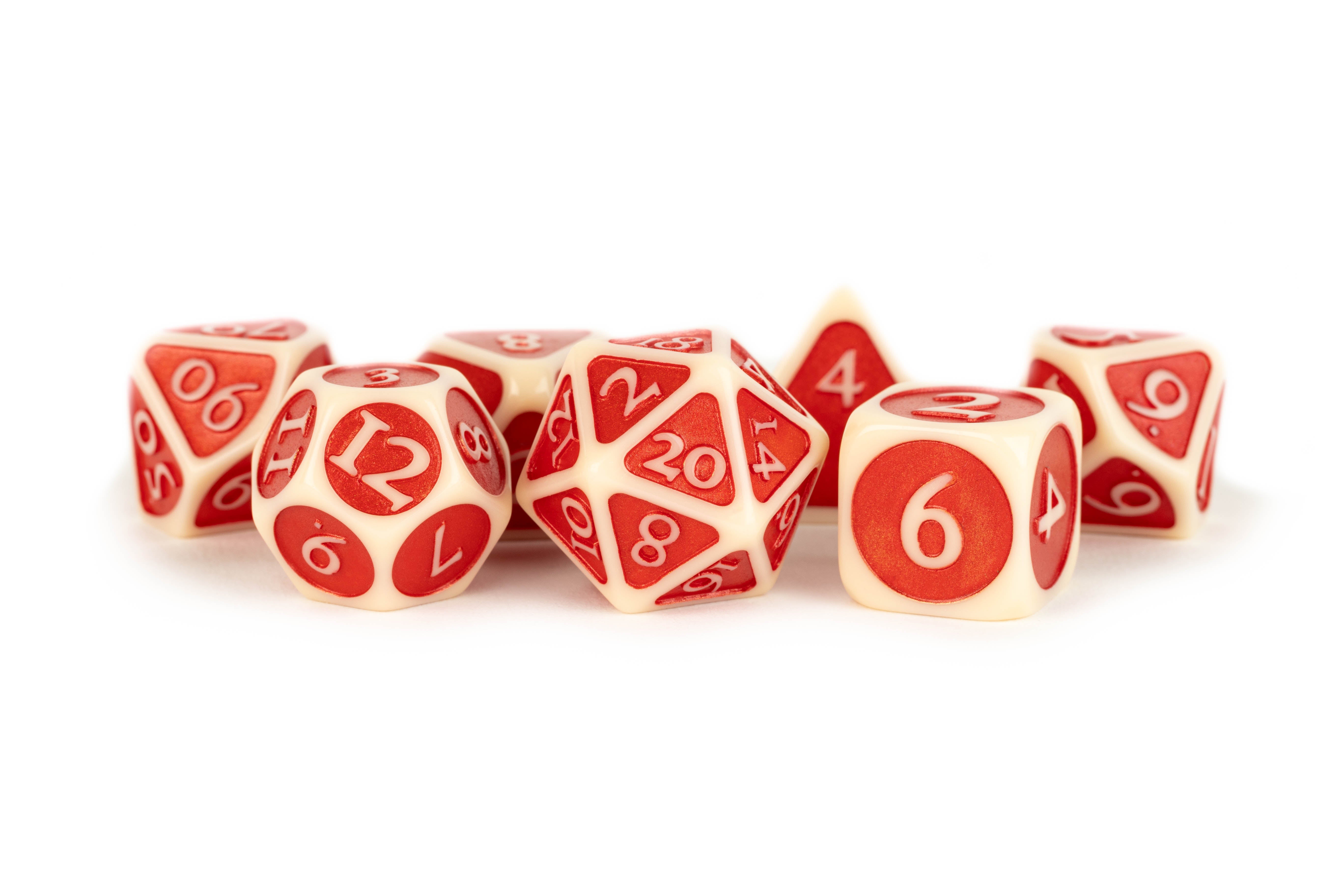 Metallic Dice Games Ivory with Red Enamel Acrylic 16mm Poly Dice Set | Grognard Games