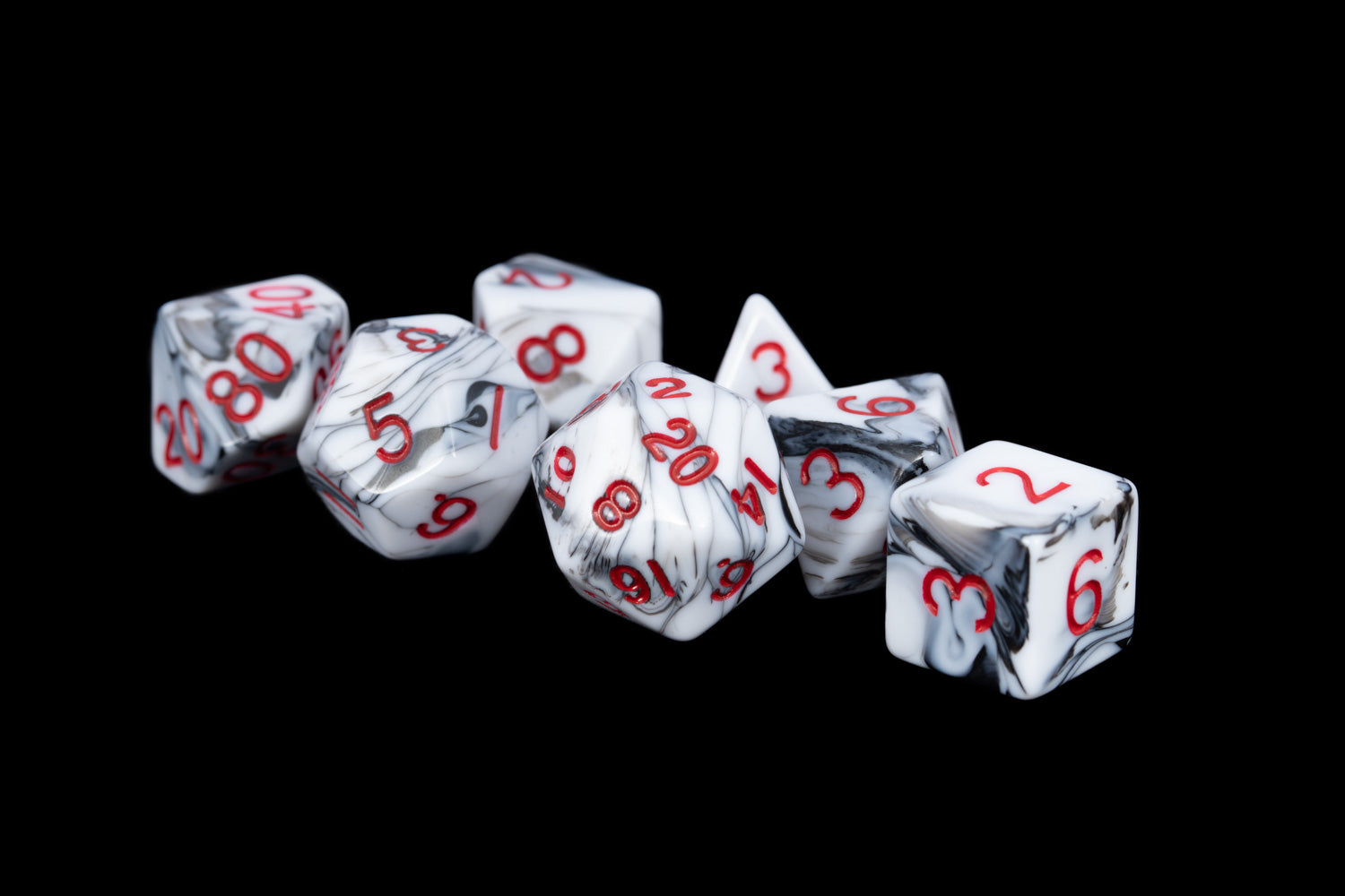Marble with Red Numbers 16mm Poly Dice Set | Grognard Games
