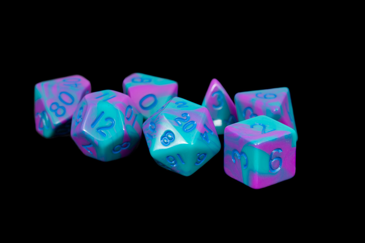 Purple/Teal with Blue Numbers 16mm Polyhedral Dice Set | Grognard Games