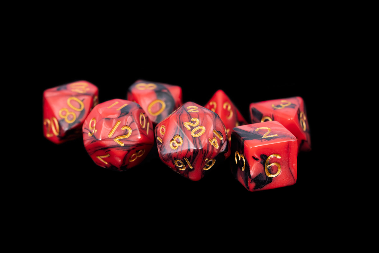 Black and Red Marble with Gold Numbers 16mm Poly Dice Set | Grognard Games
