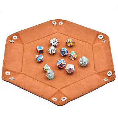 LEATHERETTE & VELVET HEX DICE TRAY (NAVY WITH TAN) | Grognard Games