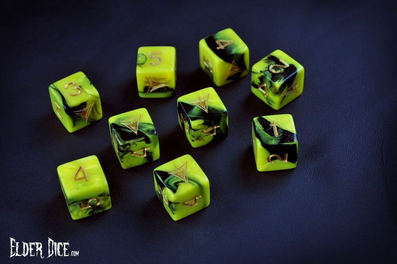 Elder Dice: Yellow Sign burnt bone/tattered yellow D6 9-die set | Grognard Games
