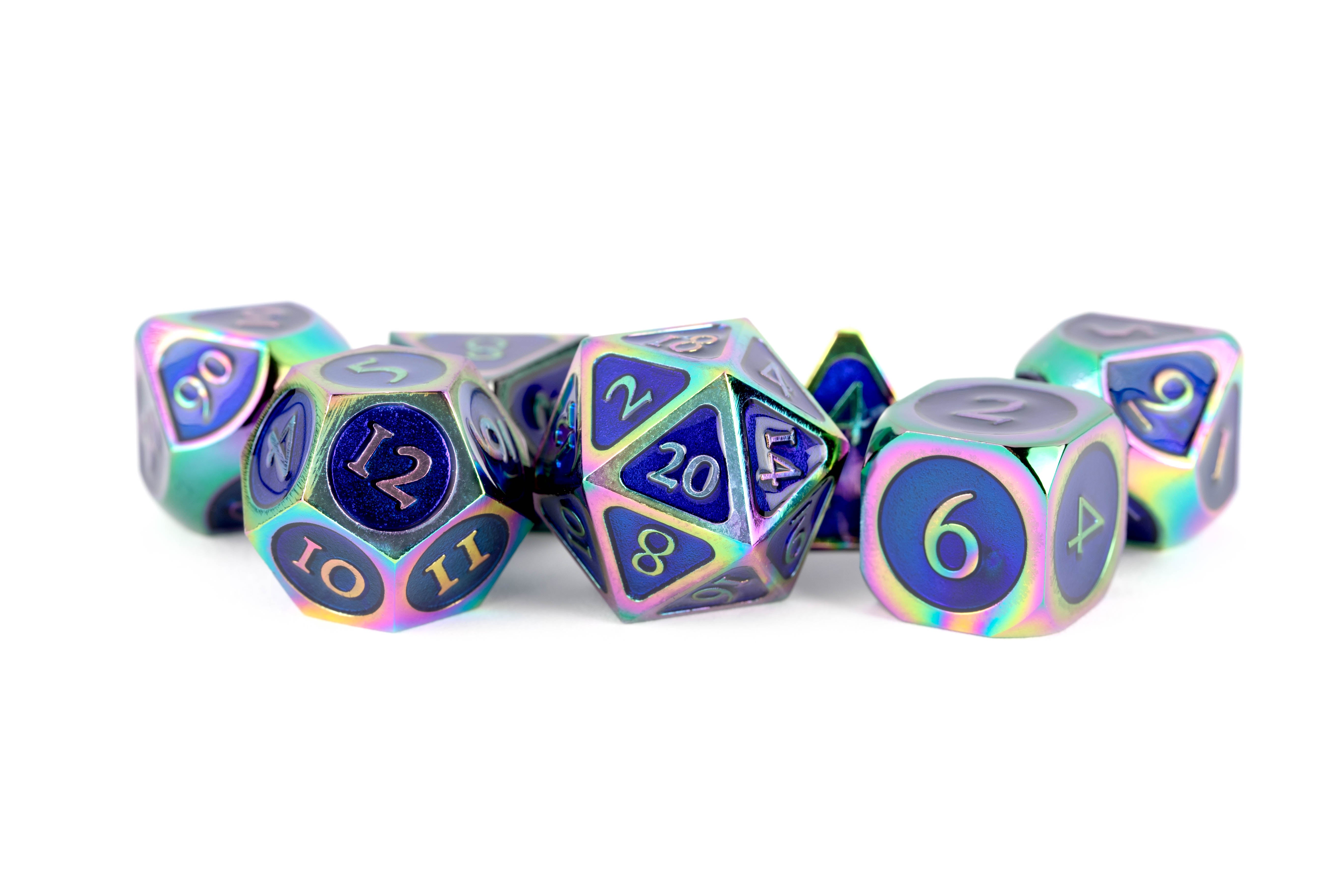 Metallic Dice Games Rainbow with Blue Enamel 16mm Polyhedral Dice Set | Grognard Games