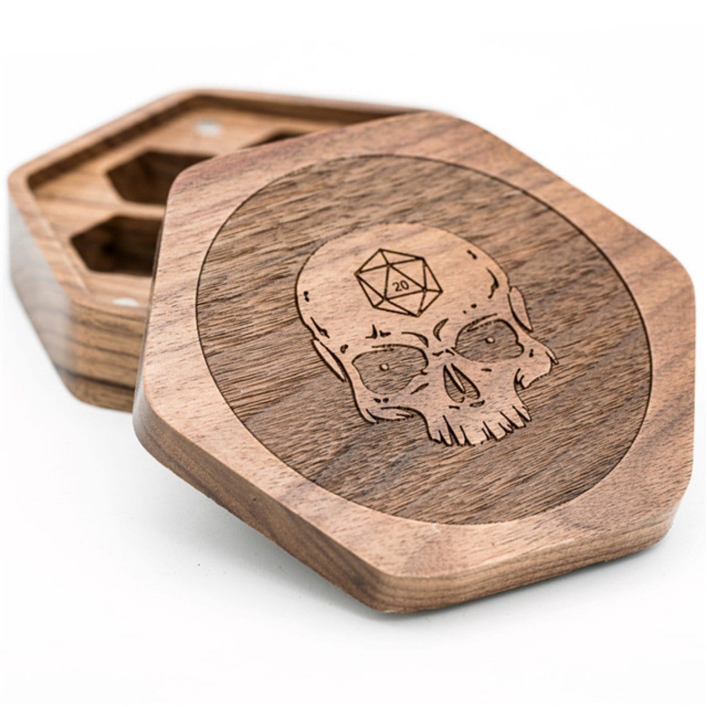 Walnut Dice Box with Skull Hexagonal | Grognard Games