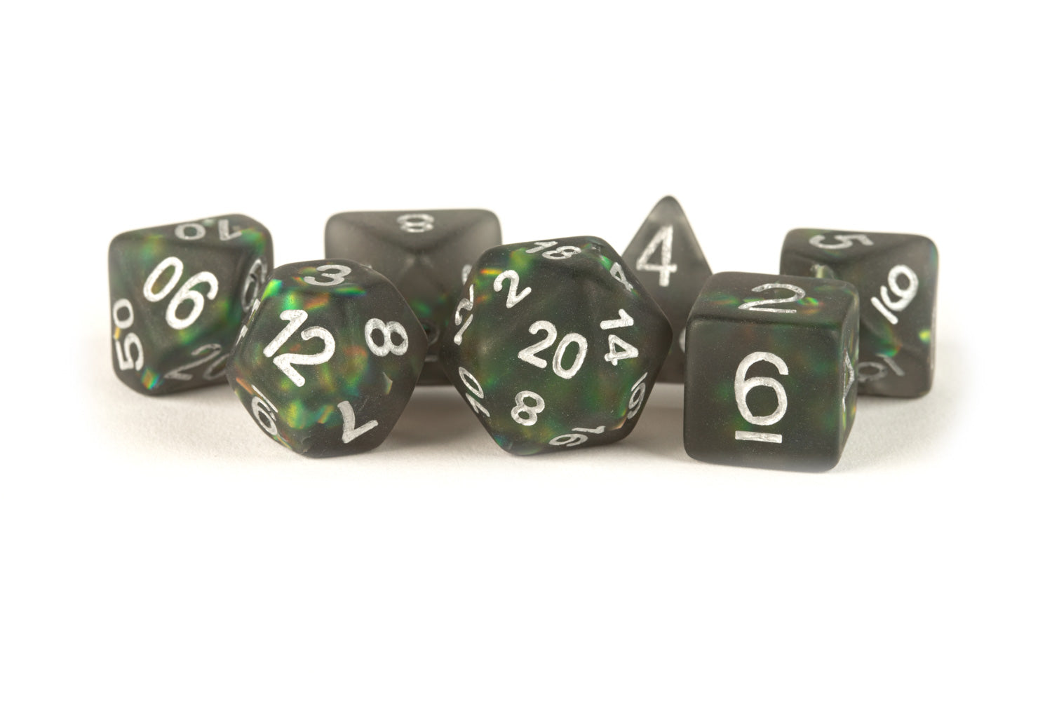 Metallic Dice Games Icy Opal 16mm Resin Poly Dice Set: Black with Silver Numbers | Grognard Games