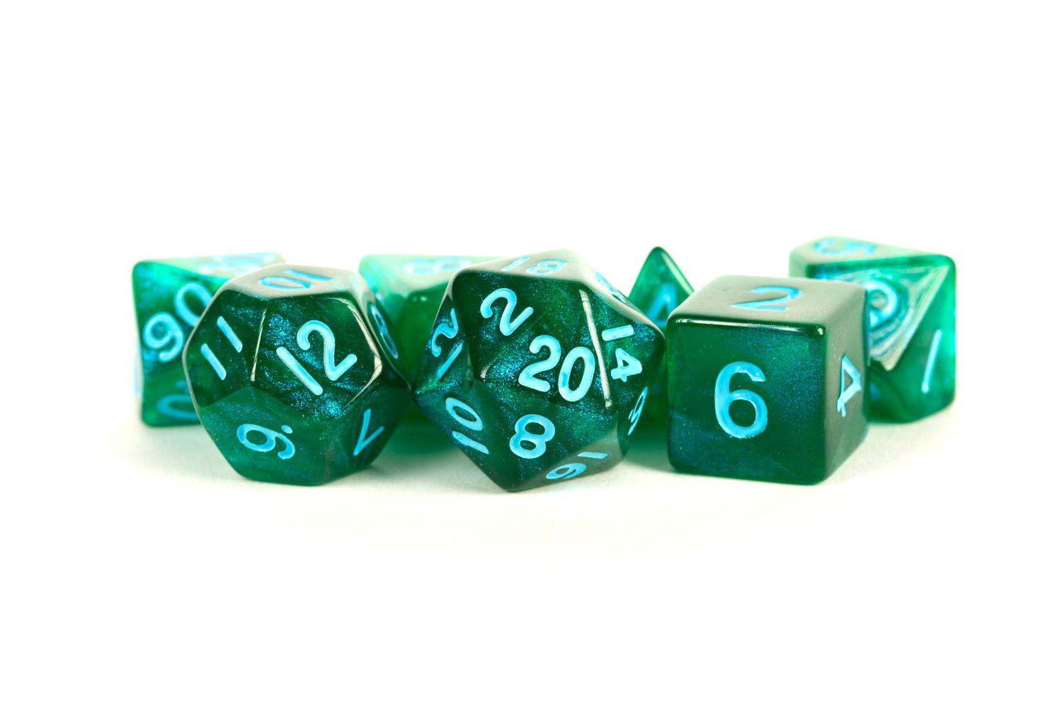 Stardust Green w/ Blue Numbers 16mm Polyhedral Dice Set | Grognard Games