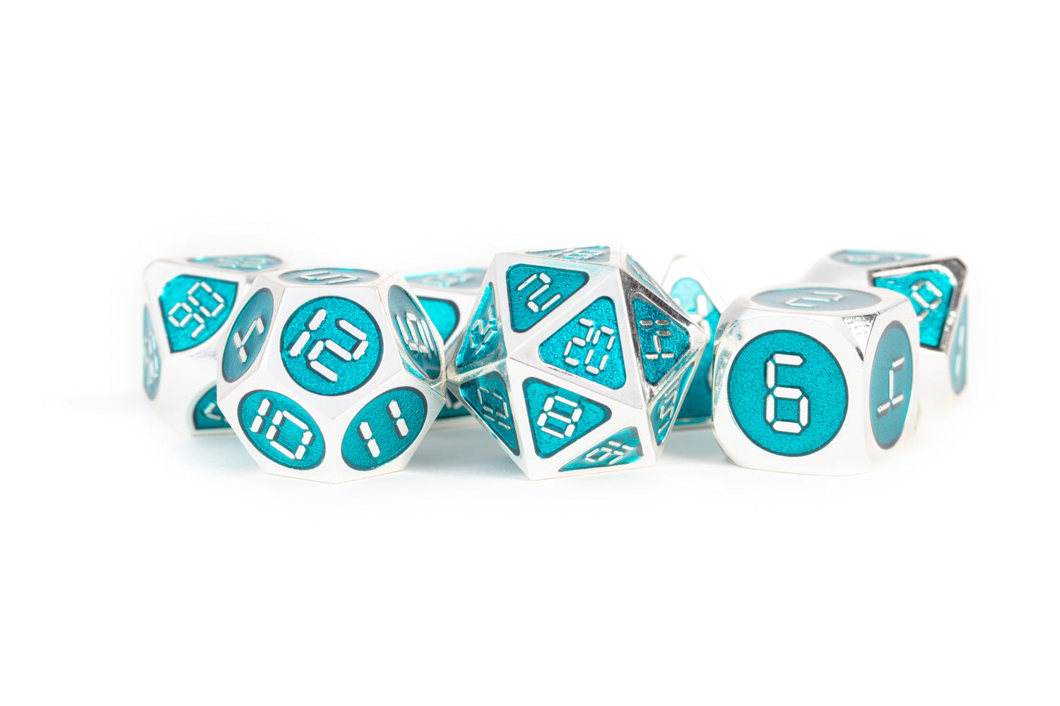 Metallic Dice Games Silver with Teal Enamel Digital 16mm Polyhedral Dice Set | Grognard Games