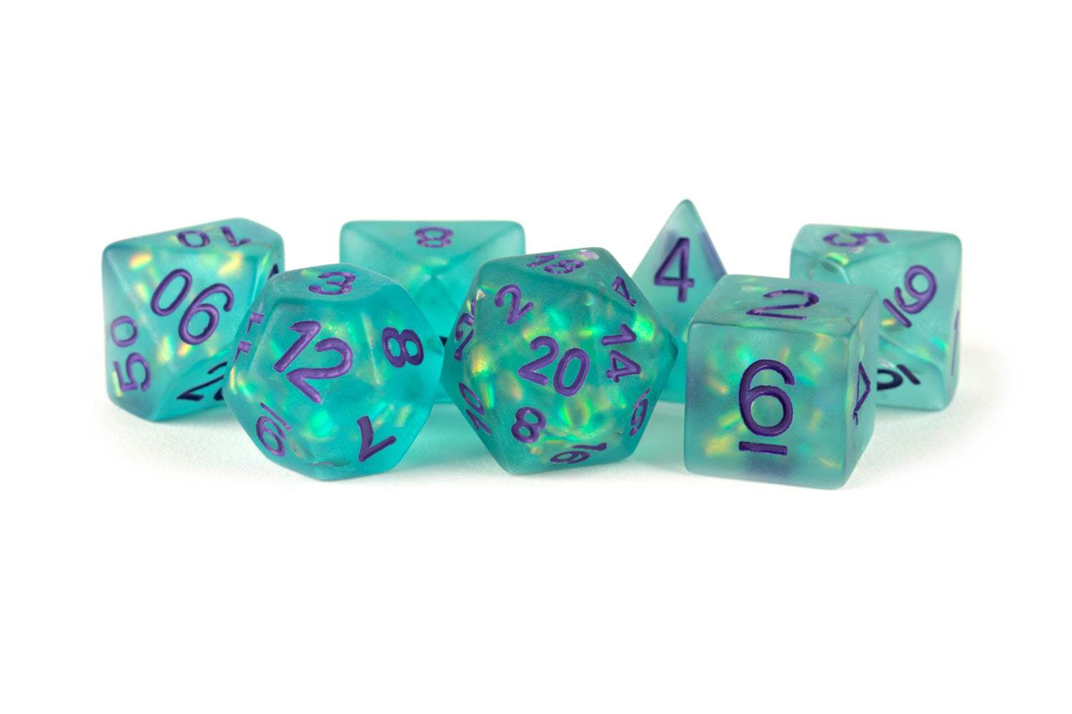 Metallic Dice Games Icy Opal 16mm Resin Poly Dice Set: Teal with Purple Numbers | Grognard Games