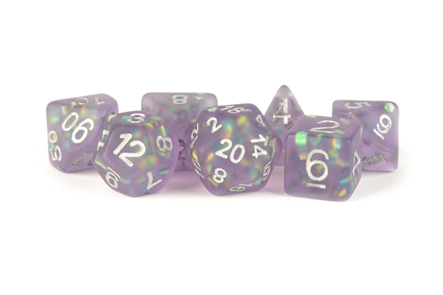 Metallic Dice Games Icy Opal 16mm Resin Poly Dice Set: Purple with Silver Numbers | Grognard Games