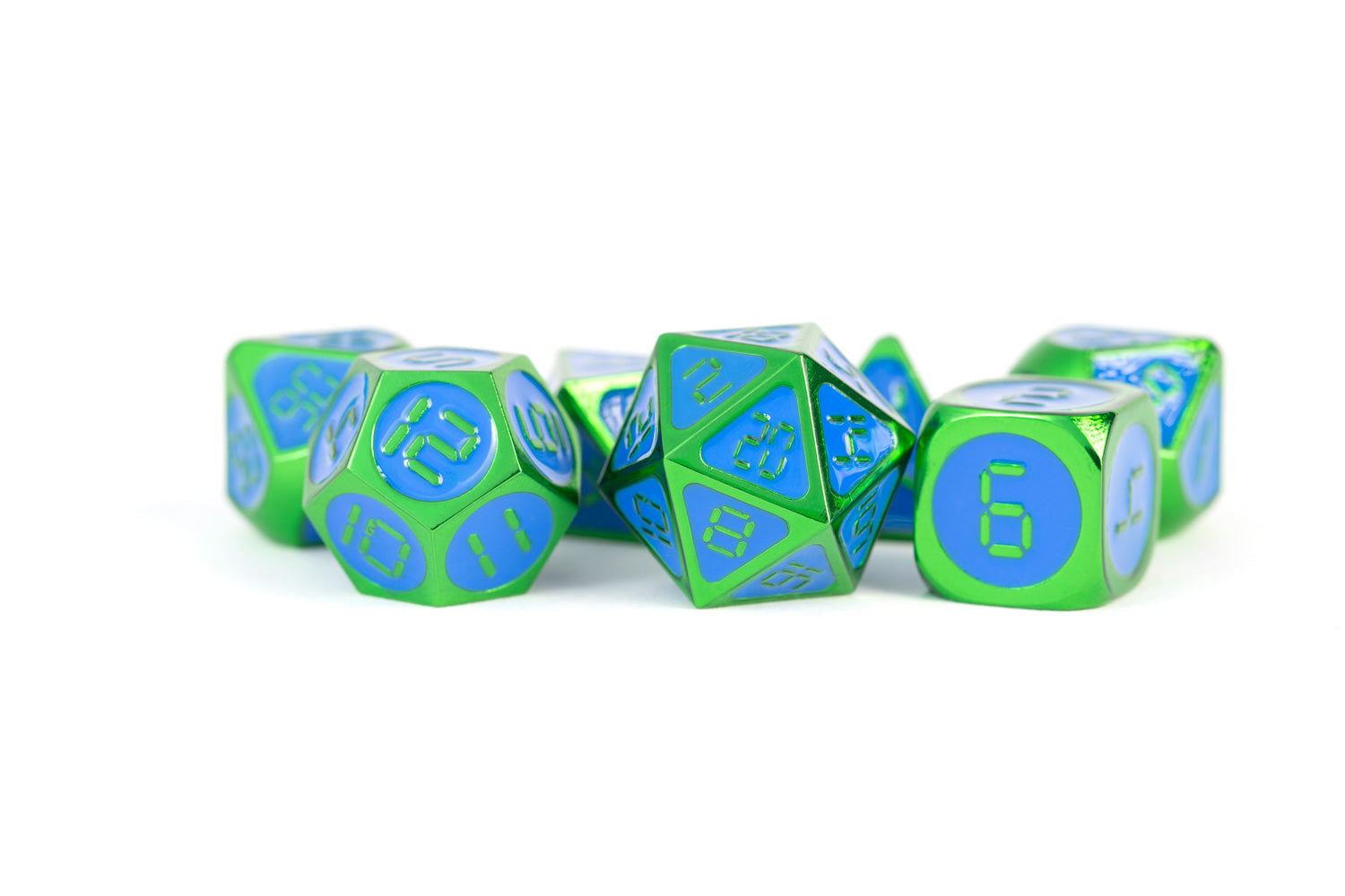 Metallic Dice Games Green with Blue Enamel Digital 16mm Polyhedral Dice Set | Grognard Games