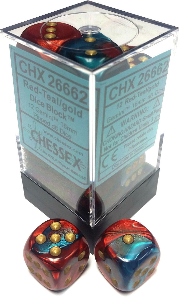 CHX26662 Gemini Red-Teal/gold 12 D6 Set | Grognard Games