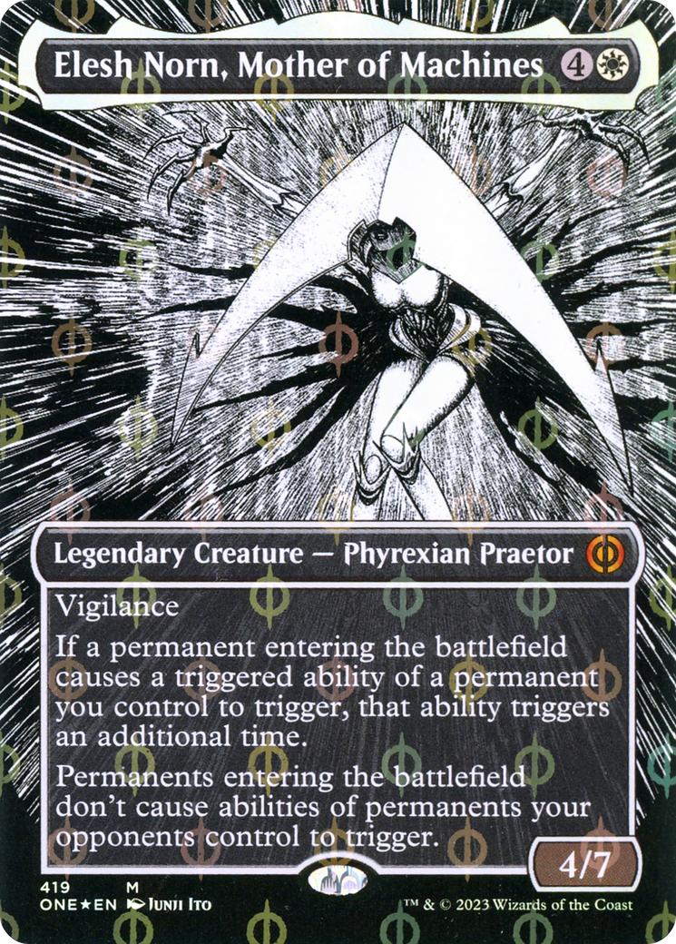 Elesh Norn, Mother of Machines (Borderless Manga Step-and-Compleat Foil) [Phyrexia: All Will Be One] | Grognard Games