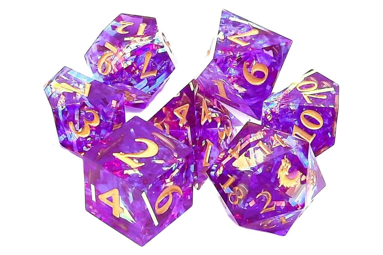 Old School 7 Piece DnD RPG Dice Set: Sharp Edged - Amethyst Blast | Grognard Games